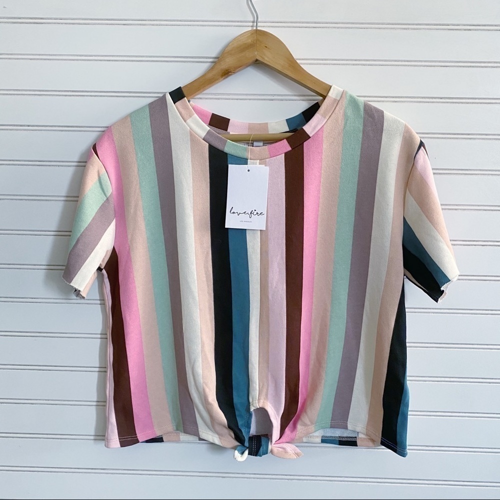 Love Fire Rainbow Vertical Stripe Front Tie Short Sleeve Knit Top Medium NEW